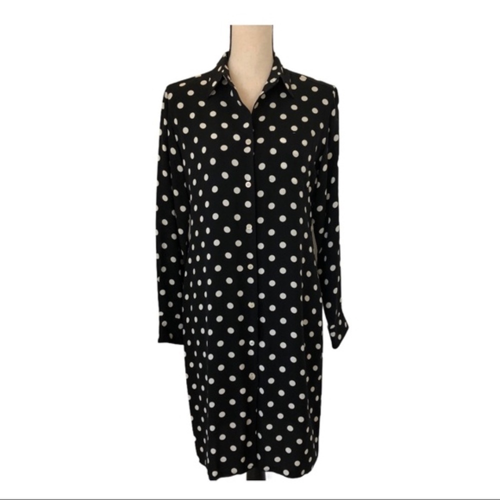 LAUREN RALPH LAUREN Black & White Silk Long-sleeve Button Up Dress size 12